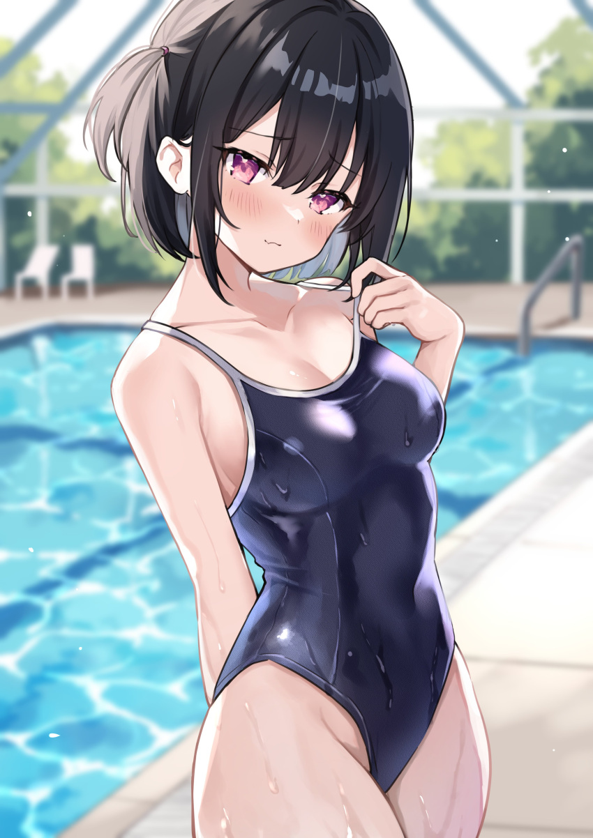 1girl absurdres bare_arms bare_shoulders black_hair black_one-piece_swimsuit blurry breasts closed_mouth competition_swimsuit covered_navel cowboy_shot depth_of_field embarrassed highleg highleg_swimsuit highres looking_at_viewer medium_breasts okiq one-piece_swimsuit one_side_up original pink_eyes pool short_hair solo spaghetti_strap standing strap_pull swimsuit wavy_mouth wet