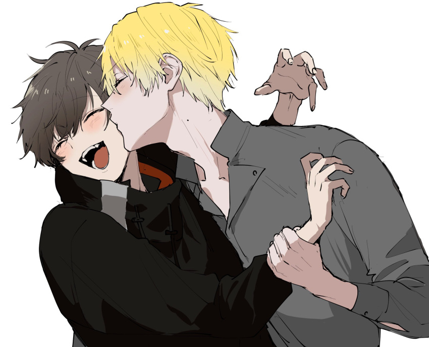 2boys :d ^_^ alban_knox black_jacket blonde_hair blush brown_hair closed_eyes collared_shirt commentary drawstring dress_shirt english_commentary fangs grey_shirt hair_between_eyes hands_up highres holding_another's_wrist jacket kiss kissing_cheek laughing long_sleeves male_focus mole mole_on_neck multiple_boys nijisanji nijisanji_en open_mouth roro_(roro32b) shirt short_hair simple_background smile sonny_brisko teeth tongue upper_body virtual_youtuber white_background yaoi