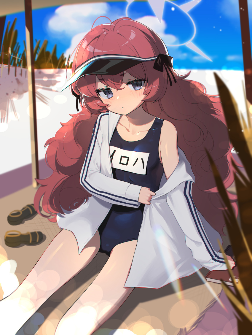 1girl absurdres bare_legs beach beach_towel beach_umbrella blue_archive blue_one-piece_swimsuit blue_sky bongnom book closed_mouth cloud commentary day expressionless grey_eyes halo head_tilt highres iroha_(blue_archive) jacket long_hair off_shoulder one-piece_swimsuit open_clothes open_jacket outdoors red_hair sand sandals sandals_removed school_swimsuit sitting sky slit_pupils solo sunlight swimsuit thigh_gap towel umbrella very_long_hair visor_cap wavy_hair white_jacket