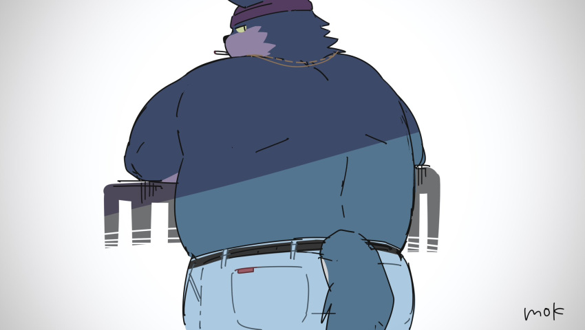 2023 anthro belly big_belly biped blue_body bottomwear butt canid canine clothing hi_res kemono male mammal overweight overweight_male pants smoking solo uokkom