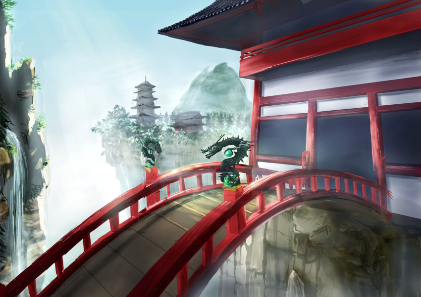 architecture bride building cliff day dragon east_asian_architecture eastern_dragon fog forest highres hkwryyy_pepe nature no_humans original pagoda railing scenery shadow statue tree water waterfall wooden_floor