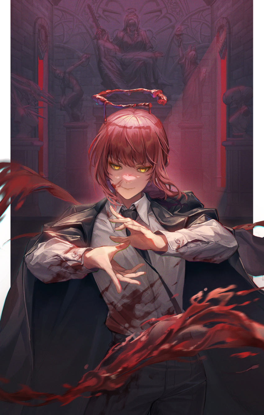 1girl absurdres bangs black_coat black_necktie black_pants blood blood_drip blood_on_clothes blood_on_face bomb_devil_(chainsaw_man) braid braided_ponytail chainsaw chainsaw_man church coat coat_on_shoulders collared_shirt cowboy_shot crossbow_devil_(chainsaw_man) denji_(chainsaw_man) discobolus english_commentary f.k_(hs225kr) hayakawa_aki hemokinesis highres looking_at_viewer makima_(chainsaw_man) medium_hair necktie nude pants pieta power_(chainsaw_man) red_hair red_halo ringed_eyes robe shirt shirt_tucked_in sidelocks solo statue_of_liberty topless_male white_shirt yellow_eyes