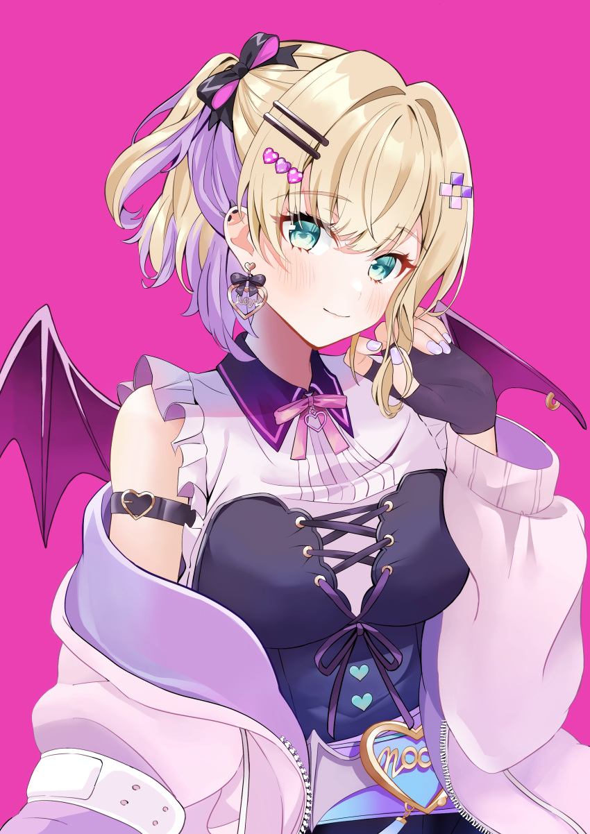 1girl absurdres arm_strap bat_wings black_bow black_corset black_gloves blonde_hair blush bow bowtie breasts buckle closed_mouth coat commentary_request corset earrings fingerless_gloves frilled_shirt frills gloves green_eyes hair_between_eyes hair_bow hair_ornament hairclip heart heart-shaped_buckle heart_hair_ornament highres jewelry kurumi_noah large_breasts looking_at_viewer nakano_kura off_shoulder open_clothes open_coat pink_bow pink_bowtie pink_coat pink_nails shirt sleeveless sleeveless_shirt smile solo virtual_youtuber vspo! white_shirt wings