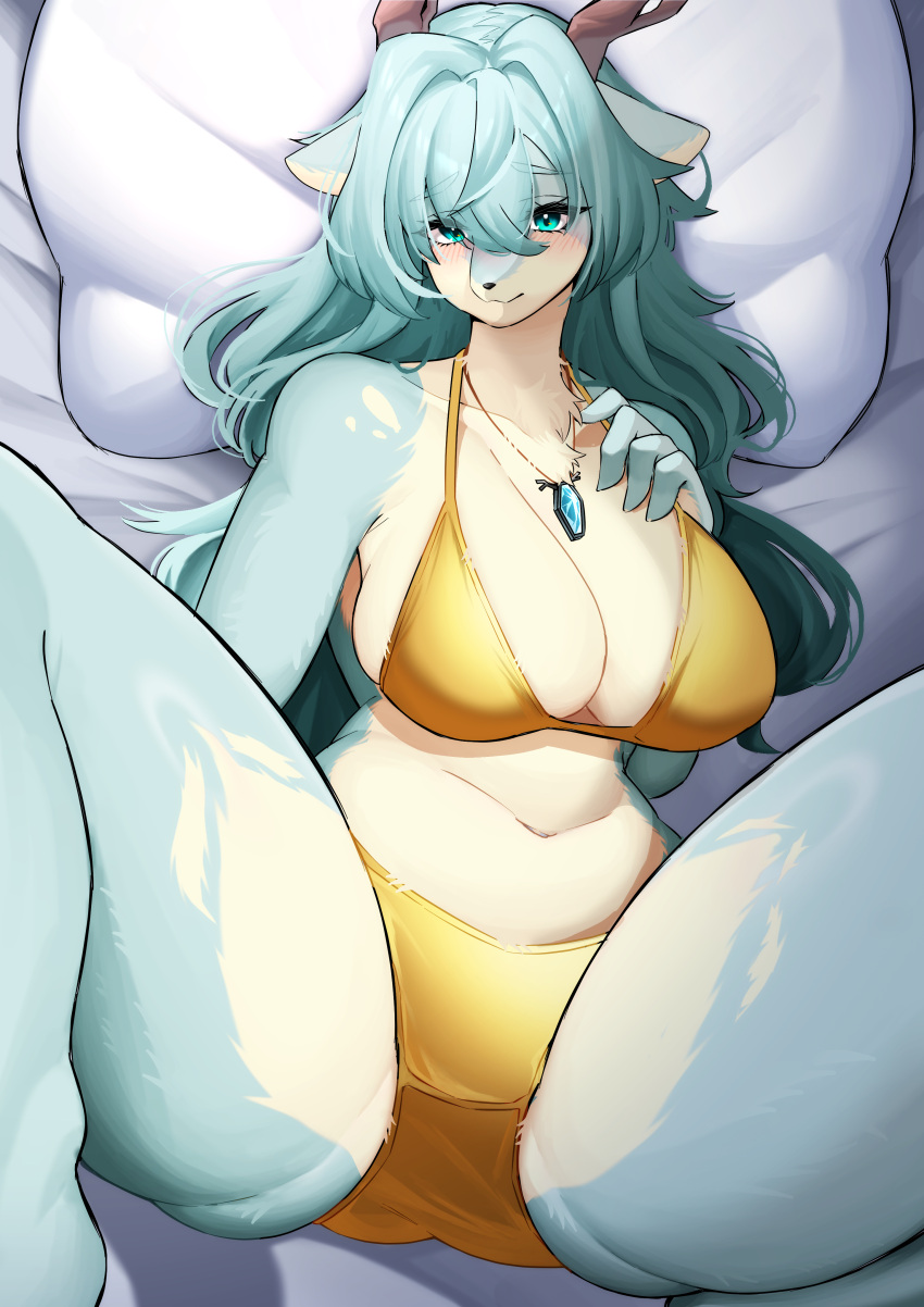 absurd_res anthro antlers bed big_breasts blue_body blue_fur blue_hair bra breasts cleavage clothed clothing deer denyfake female fur furniture hair head_on_pillow hi_res horn jewelry kemono lingerie lying mammal necklace on_back on_bed panties solo thick_thighs underwear