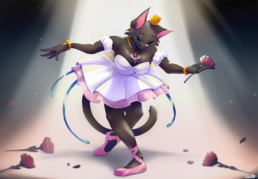 anthro ballerina ballet bottomwear clothing cosplay crown dance_shoes dancewear domestic_cat dress felid feline felis female flower footwear headgear hi_res mammal plant pointe_shoes princess_tutu princess_tutu_(character) rose_(flower) shoes skirt solo spirale tutu