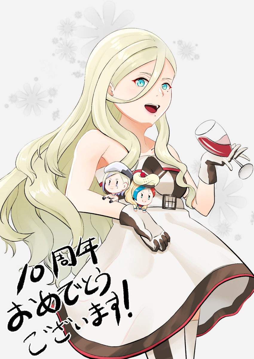 0sumi_3 1girl alcohol anniversary bare_shoulders blonde_hair blue_eyes character_doll commandant_teste_(kancolle) commentary_request cup dress drinking_glass hair_between_eyes highres jean_bart_(kancolle) kantai_collection long_hair mole mole_under_eye mole_under_mouth open_mouth richelieu_(kancolle) smile strapless strapless_dress thighhighs two-tone_dress two-tone_gloves two-tone_legwear wine wine_glass