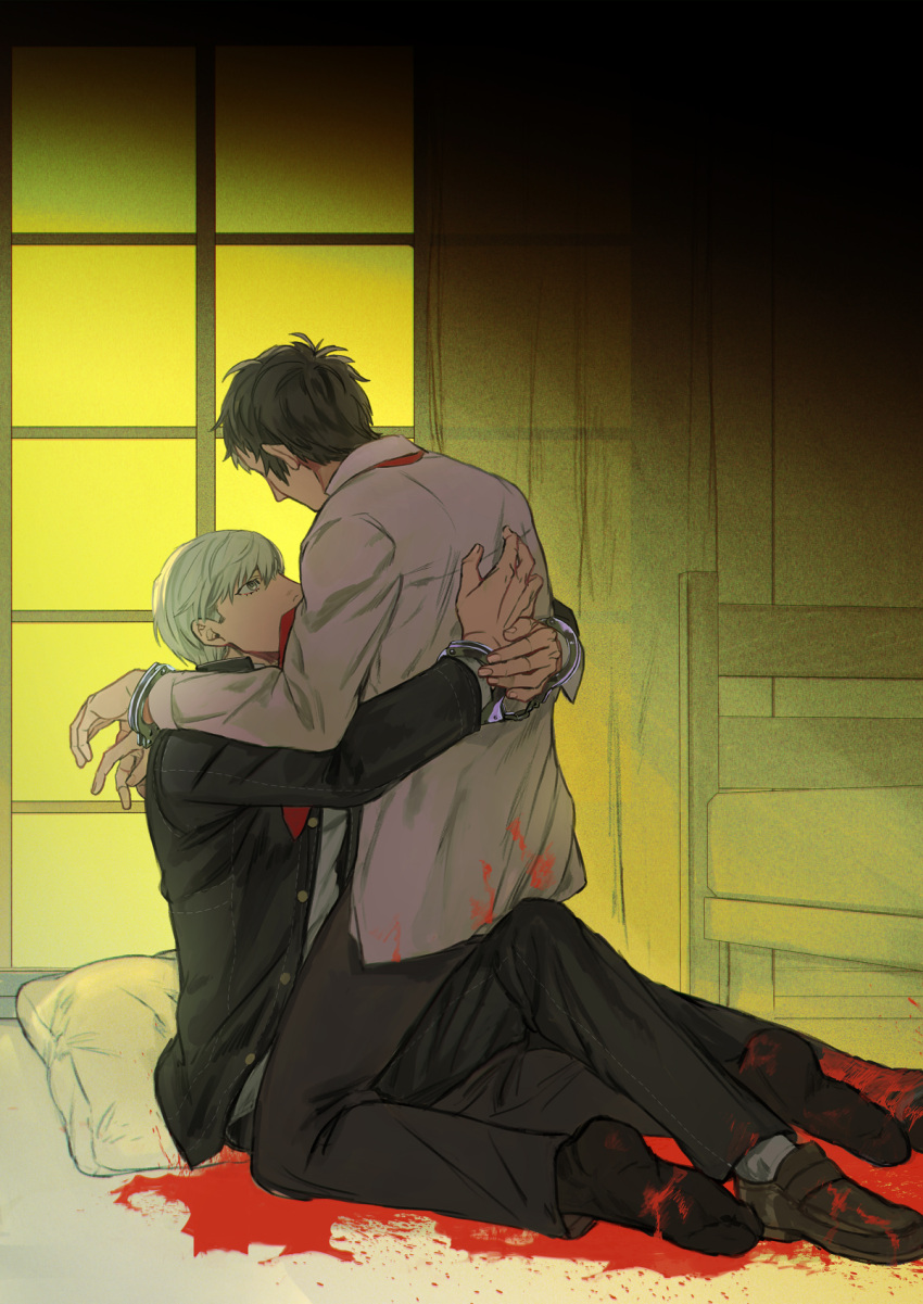 2boys adachi_tooru black_hair black_jacket black_pants black_socks blood blood_on_clothes blood_splatter bound bound_wrists brown_footwear collared_shirt cuffs curtains facing_another full_body grey_eyes grey_hair handcuffs hands_on_another's_back highres hug ido_(nothing679) indoors jacket long_sleeves looking_at_another looking_up male_focus multiple_boys narukami_yuu necktie no_shoes on_bed pants persona persona_4 pillow red_necktie restrained school_uniform shirt shoes short_hair sitting sitting_on_person socks white_shirt window yaoi yasogami_school_uniform yellow_background