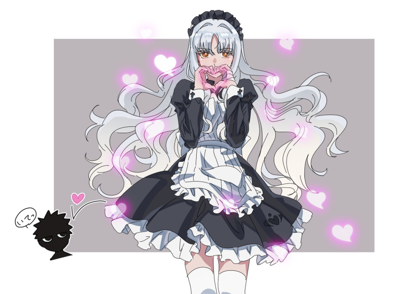 1boy 1girl angra_mainyu_(fate) applechoc apron black_dress caren_hortensia caren_hortensia_(amor_caren) commentary_request dress fate/grand_order fate_(series) heart heart_hands highres juliet_sleeves long_hair long_sleeves maid maid_apron maid_headdress puffy_sleeves solo_focus thighhighs wavy_hair white_hair white_thighhighs yellow_eyes