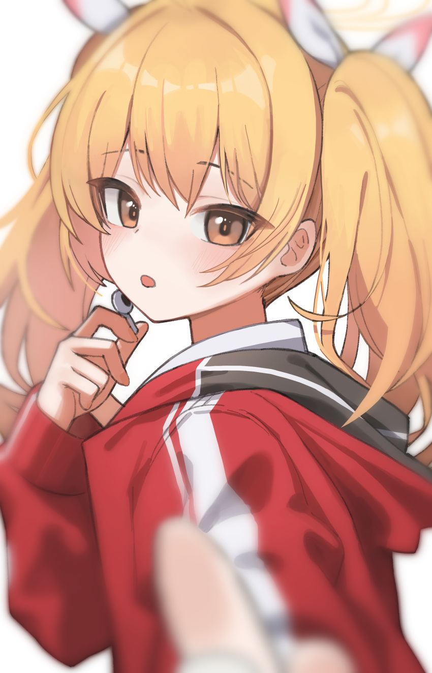 1girl absurdres blonde_hair blue_archive blush brown_eyes halo highres jacket long_hair long_sleeves momocadraw open_mouth red_jacket simple_background solo track_jacket twintails upper_body white_background yellow_halo yoshimi_(blue_archive)