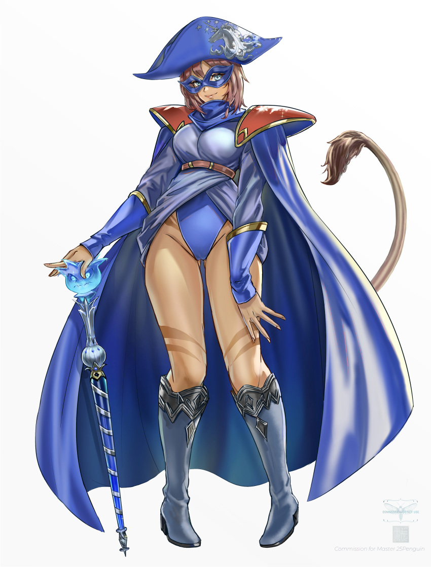 absurdres armor avatar_(ff14) bare_hips belt blue_cloak blue_footwear blue_gloves blue_headwear blue_leotard blue_mage blue_sleeves blue_tunic body_markings boots brown_belt brown_hair cameltoe cat_girl cloak commentary commission commissioner_upload cuffs english_commentary eye_mask facial_mark facial_tattoo final_fantasy final_fantasy_xiv fingerless_gloves gloves gold_trim hat highres knees leg_tattoo legs leotard lion_tail looking_at_viewer meiyu miqo'te pauldrons pigeon-toed red_hair shoulder_armor shoulder_plates sleeve_cuffs smile tail tattoo thighs wand white_eyes
