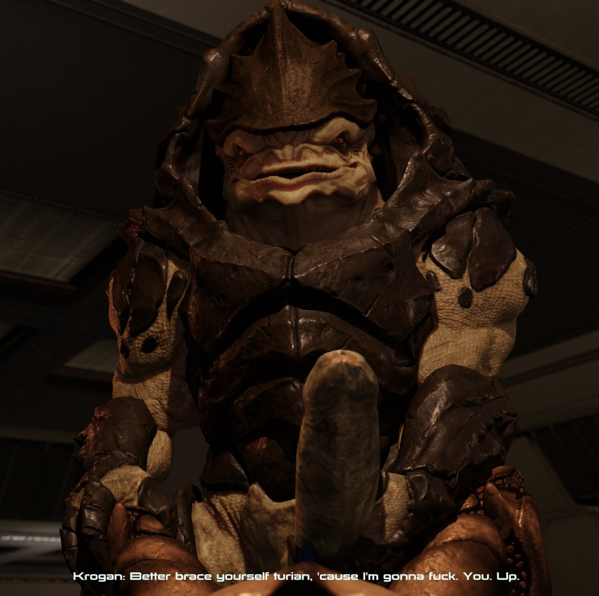 3d_(artwork) alien between_legs big_penis cheap-wazoo dialogue digital_media_(artwork) duo english_text erection foreskin genitals hand_on_partner's_leg hi_res holding_penis huge_penis humanoid_genitalia humanoid_penis imminent_sex interspecies krogan long_penis male male/male mass_effect muscular muscular_male not_furry nude penis solo_focus standing text thick_penis turian