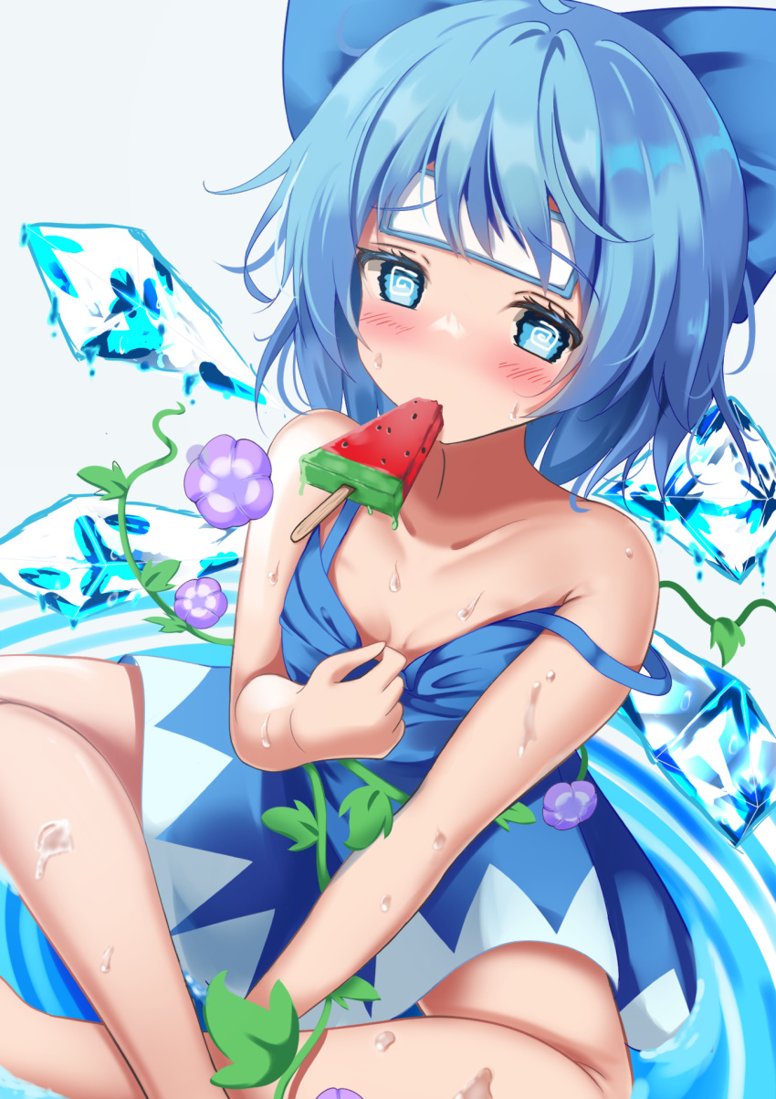 @_@ blue_dress blue_eyes blue_hair bow cirno dress food hair_bow highres ice ice_wings medium_hair melting plant popsicle strap_slip sweat tanned_cirno touhou unory vines watermelon_bar wings