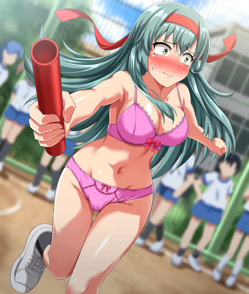 absurdres averting_eyes black_socks blue_shorts blurry blurry_background blush bow bow_bra bow_panties bra breasts cleavage closed_mouth commentary_request commission day depth_of_field embarrassed false_smile foreshortening green_eyes green_hair groin gym_shirt gym_shorts gym_uniform headband highres holding kantai_collection lace-trimmed_bra lace_trim medium_breasts navel outdoors panties partial_commentary pink_bra pink_panties pixiv_commission red_headband relay_baton running running_track shirt shoes shorts smile sneakers socks suzuya_(kancolle) sweatdrop t-shirt tearing_up thigh_gap underwear underwear_only white_footwear white_shirt zanntetu