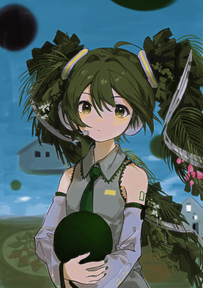 1girl absurdres balabling bare_shoulders blue_sky blush collared_shirt day detached_sleeves fern floating_hair frilled_shirt frills green_eyes green_hair green_nails green_necktie grey_shirt hair_between_eyes hair_ornament hatsune_miku headset highres long_hair long_sleeves looking_at_viewer microphone nail_polish necktie number_tattoo object_hug outdoors plant shirt sidelocks sky sleeveless sleeveless_shirt solo tattoo treesune_miku twintails upper_body very_long_hair vocaloid white_sleeves