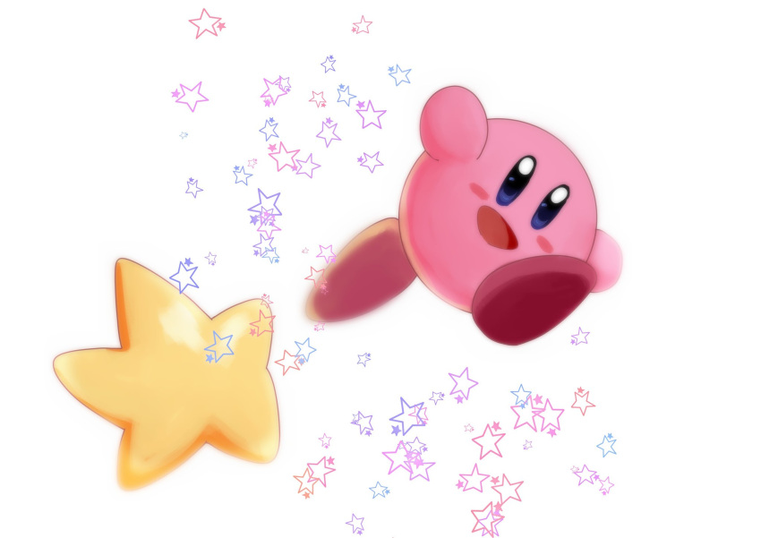 :d blue_eyes blush_stickers commentary full_body happy highres jumping kirby kirby_(series) looking_at_viewer no_humans open_mouth simple_background smile solo star_(symbol) takenokonoko warp_star waving white_background