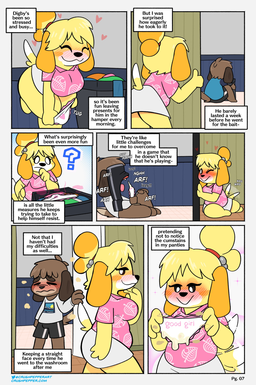 absurd_res animal_crossing anthro bathroom blouse bodily_fluids bottomwear canid canine canis clothing comic crushpepper cum cum_in_panties diary digby_(animal_crossing) domestic_dog duo female genital_fluids genitals hi_res incest_(lore) isabelle_(animal_crossing) laundry_basket male mammal masturbation musk nintendo panties penis shirt shorts skirt spying tail tail_motion tailwag text topwear underwear voyeur