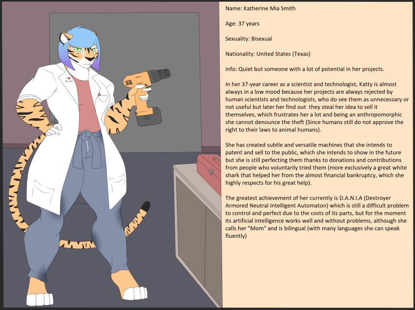 absurd_res anthro breasts clothed clothing drill felid feline female flat_colors furniture hair hi_res holding_object katty_(photolol.03) looking_at_viewer mammal pantherine photolol.03 scientist short_hair simple_background small_breasts solo stained_clothing tiger toolbox