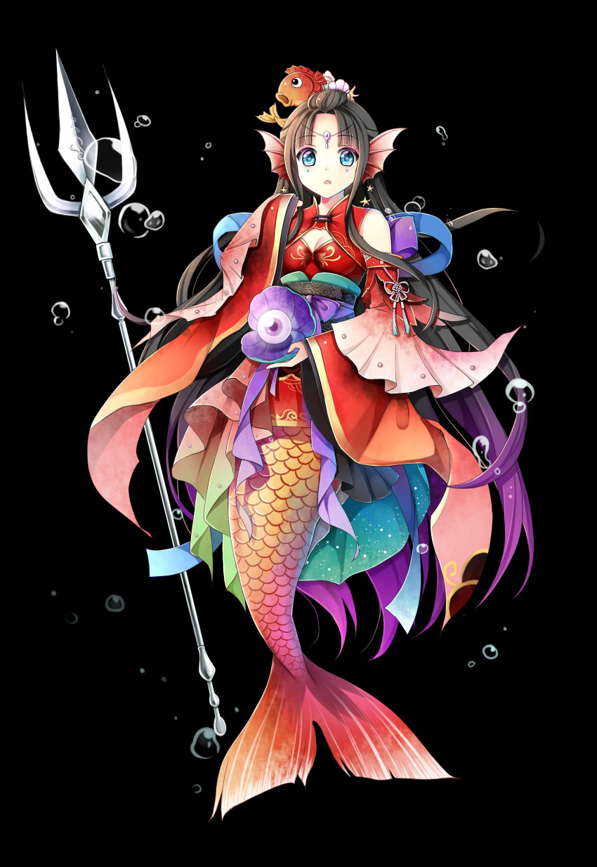 1girl :o absurdres bare_shoulders black_background black_hair blue_eyes breasts bubble chinese_clothes cleavage cleavage_cutout clothing_cutout dress facial_mark fins fish_girl fish_hair_ornament fish_tail forehead_jewel full_body gem gradient_hair gyaza hair_ornament hair_pulled_back hand_up hanfu head_fins heart heart-shaped_pupils highres holding holding_shell long_hair looking_at_viewer menghuan_xi_you multicolored_hair original parted_bangs pearl_(gemstone) polearm purple_hair red_dress shell shoulder_cutout solo symbol-shaped_pupils tail trident very_long_hair weapon wide_sleeves