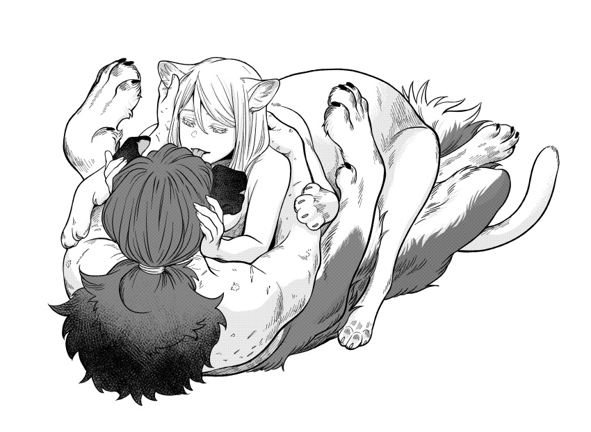 2girls absurdres animal_ears breasts cat_ears cat_girl cat_tail centauroid claws commentary_request completely_nude dog_ears dog_girl dog_tail facing_away full_body goooodboy greyscale highres licking long_hair looking_at_another low_ponytail lying lying_on_person monochrome monster_girl multiple_girls multiple_scars muscular muscular_female nude on_back on_stomach open_mouth original scar scar_on_arm scar_on_hand scar_on_neck scar_on_shoulders simple_background small_breasts solo tail taur tongue tongue_out white_background yuri