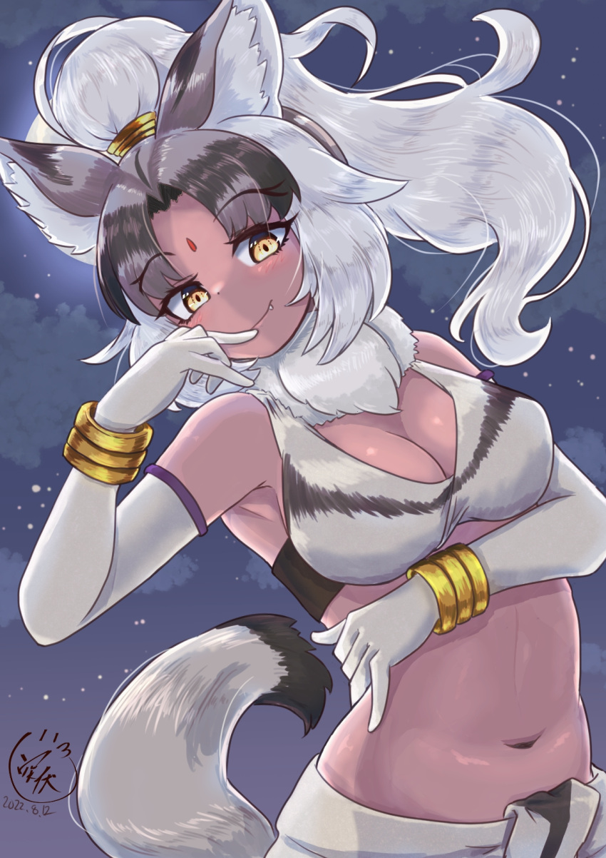 1girl animal_ear_fluff animal_ears armpits bare_shoulders bindi black_hair breasts cleavage closed_mouth dark-skinned_female dark_skin elbow_gloves fang fang_out finger_to_mouth forked_eyebrows fur_collar gloves grey_hair hair_rings high_ponytail highres indian_wolf_(kemono_friends) kemono_friends large_breasts leaning_to_the_side light_blush long_hair looking_at_viewer moon multicolored_hair navel night night_sky outdoors parted_bangs sarong sky smile solo star_(sky) starry_sky stomach tail tsuppushi wolf_ears wolf_girl wolf_tail wrist_wings yellow_eyes