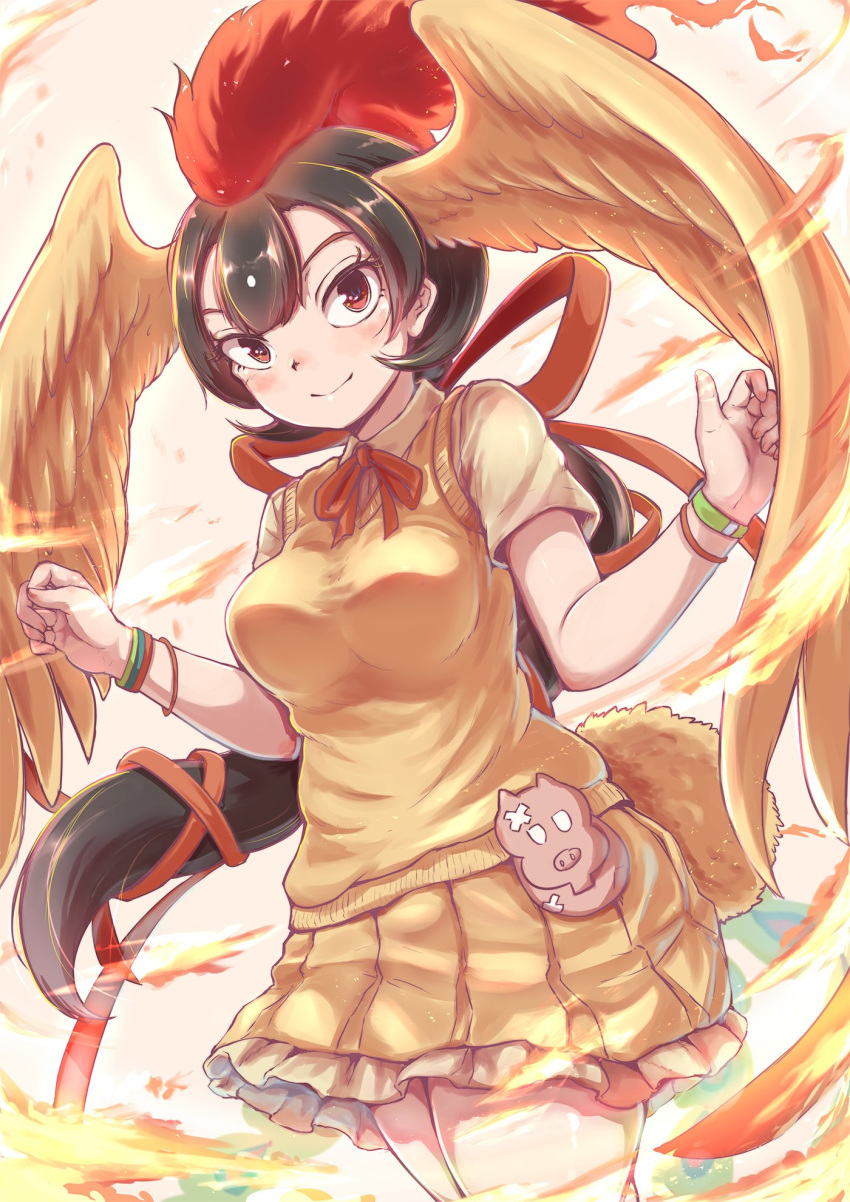 1girl bird_girl bird_tail bird_wings black_hair bow bowtie cardigan feathered_wings fire head_wings hi_no_tori_(kemono_friends) highres kemono_friends long_hair looking_at_viewer multicolored_hair okyao red_background red_eyes red_hair ribbon shirt simple_background skirt solo tail two-tone_hair wings