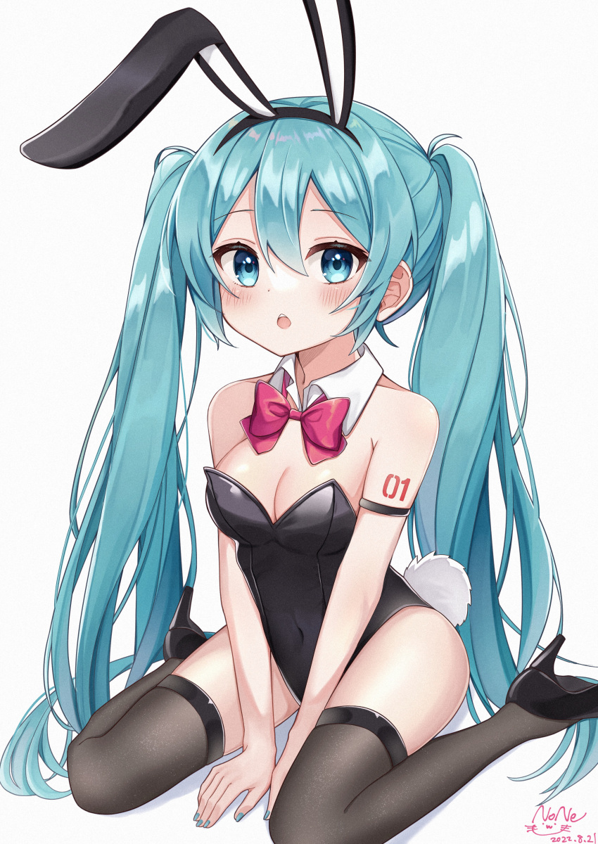 1girl :o absurdres animal_ears aqua_eyes aqua_hair armlet armpit_crease arms_between_legs bare_shoulders black_footwear black_leotard black_thighhighs blue_nails blush bow bowtie breasts bunny_day cleavage dated detached_collar dot_nose fake_animal_ears fake_tail full_body hair_between_eyes hatsune_miku high_heels highleg highleg_leotard highres leotard long_hair looking_at_viewer medium_breasts nail_polish noneon319 number_tattoo open_mouth pink_bow pink_bowtie playboy_bunny rabbit_ears rabbit_tail raised_eyebrows sidelocks signature simple_background sitting solo strapless strapless_leotard tail tattoo teeth thighhighs thighs twintails upper_teeth_only vocaloid wariza white_background