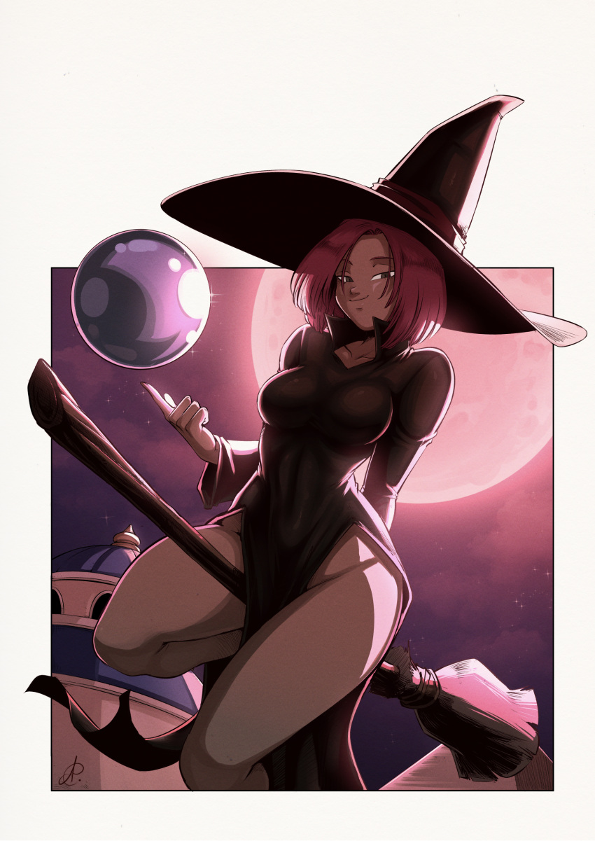 1girl aged_down baba_(dragon_ball) benoit_picard black_dress breasts broom broom_riding crystal_ball dragon_ball dragon_ball_(classic) dress hat highres large_hat looking_at_viewer medium_hair purple_hair smile solo witch witch_hat