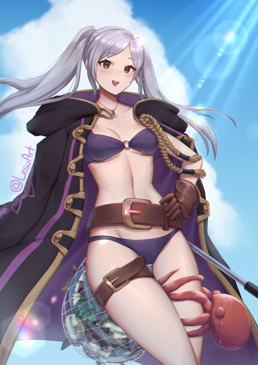 1girl :d absurdres belt bikini blue_sky blush breasts brown_gloves cloud coat collarbone cowboy_shot fire_emblem fire_emblem_awakening fire_emblem_heroes fish gloves grey_hair highres lesu long_hair long_sleeves looking_at_viewer medium_breasts navel net o-ring o-ring_bikini octopus official_alternate_costume open_mouth robin_(female)_(fire_emblem) robin_(female)_(summer)_(fire_emblem) robin_(fire_emblem) sky smile solo sunlight swimsuit thigh_gap thigh_strap twintails twitter_username