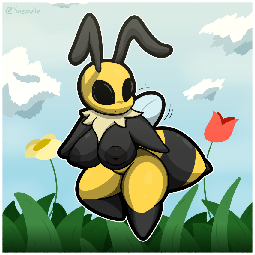 absurd_res antennae_(anatomy) anthro arthropod arthropod_abdomen bee big_breasts big_butt big_nipples black_body black_breasts black_eyes black_nipples breasts bug_fables butt cel_shading curvy_figure female flower glistening glistening_body glistening_breasts glistening_nipples grass hi_res huge_breasts hymenopteran insect inverted_nipples leg_markings markings membrane_(anatomy) membranous_wings moonsprout_games multicolored_body neck_tuft nipples nude nude_female outside plant shaded short_stack simple_background sneavile socks_(marking) solo stinger thick_thighs tuft two_tone_body vi_(bug_fables) voluptuous wide_hips wings yellow_body