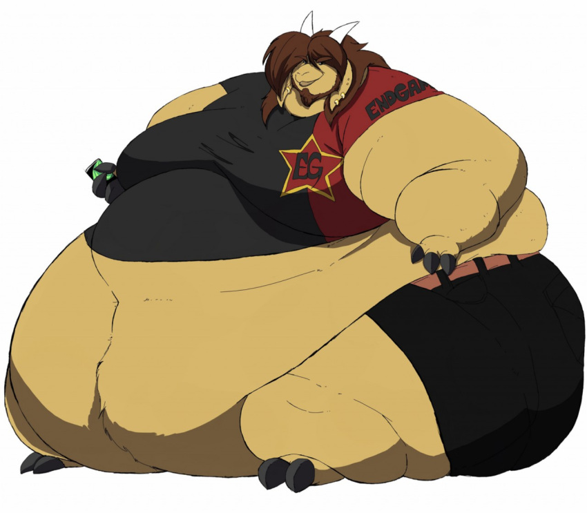 anthro belly big_belly big_butt bovid broadsword_(artist) brown_hair butt caprine clothed clothing ear_piercing english_text facial_hair fat_arms fat_rolls fingers fur goat goatee hair holding_object hooved_fingers hooves horn huge_butt male mammal moobs morbidly_obese morbidly_obese_anthro morbidly_obese_male obese obese_anthro obese_male open_mouth open_smile overweight overweight_anthro overweight_male piercing simple_background sitting smile solo star_polygon tan_body tan_fur text thick_thighs white_background