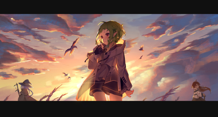 3girls absurdres ahoge bird black_shorts blue_hair braid cloud cloudy_sky elf eris_greyrat green_hair hat highres holding holding_staff hood hooded_jacket jacket long_hair multiple_girls mushoku_tensei outdoors pixerite pointy_ears red_eyes red_hair roxy_migurdia short_hair shorts sky staff sunset sylphiette_(mushoku_tensei) twin_braids white_jacket witch_hat