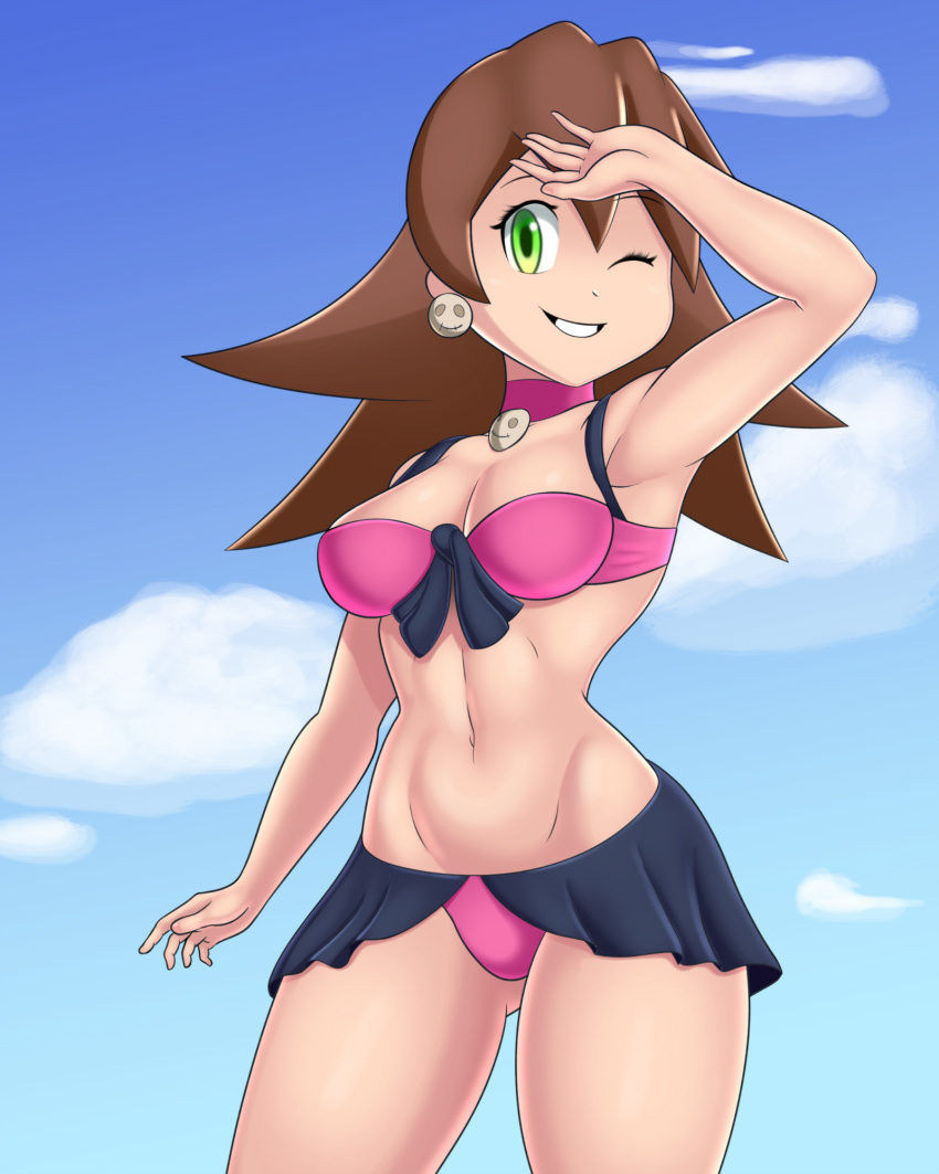 1girl bikini blue_sky brown_hair capcom choker cloud cloudy_sky cowboy_shot earrings frilled_bikini frills green_eyes hand_up highres jewelry long_hair looking_at_viewer mega_man_(series) mega_man_legends mega_man_x_(series) mega_man_x_dive navel official_alternate_costume official_alternate_hairstyle pink_bikini pink_choker skull_earrings sky sleepiitreat smile solo swimsuit tron_bonne_(mega_man)