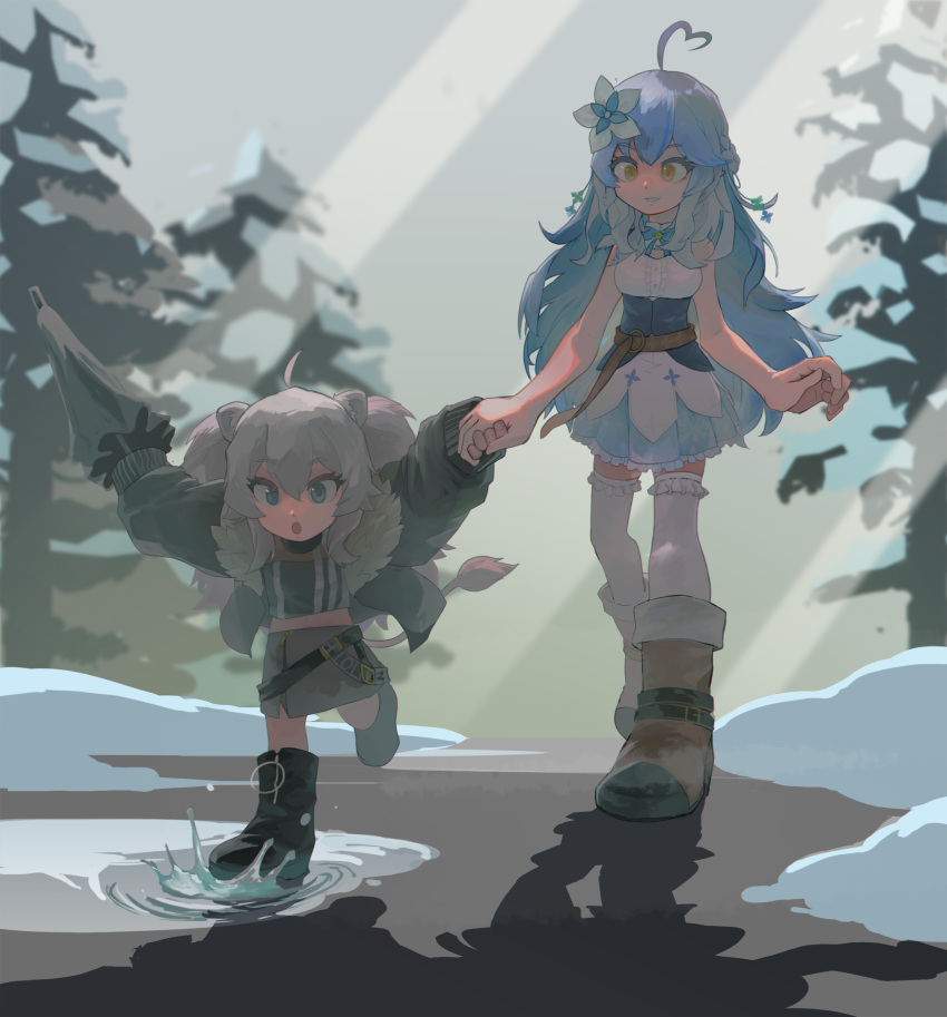2girls absurdres aged_down ahoge airplane_arms animal_ears black_footwear black_jacket black_shirt blue_hair boots chibi chibi_inset commentary_request crop_top flower frilled_thighhighs frills full_body fur-trimmed_boots fur-trimmed_jacket fur_trim green_eyes grey_hair grey_skirt hair_flower hair_ornament heart heart_ahoge highres holding_hands hololive jacket lion_ears lion_girl lion_tail long_hair looking_at_another looking_down mato_(target5260) miniskirt multiple_girls outdoors outstretched_arms pine_tree running shirt shishiro_botan shishiro_botan_(1st_costume) skirt sleeveless sleeveless_shirt snow spread_arms tail thighhighs tree underbust virtual_youtuber white_thighhighs wide_sleeves winter yukihana_lamy yukihana_lamy_(1st_costume) zipper_skirt
