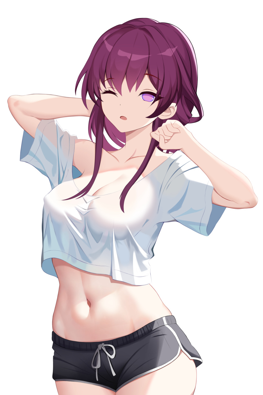 1girl absurdres arms_up black_shorts breasts cleavage collarbone commentary_request covered_nipples cowboy_shot dolphin_shorts hair_between_eyes highres honkai:_star_rail honkai_(series) honkai_impact_3rd kafka_(honkai:_star_rail) large_breasts medium_hair midriff navel one_eye_closed open_mouth penguin_uwu purple_eyes purple_hair shirt short_shorts short_sleeves shorts sidelocks simple_background solo standing stomach white_background white_shirt
