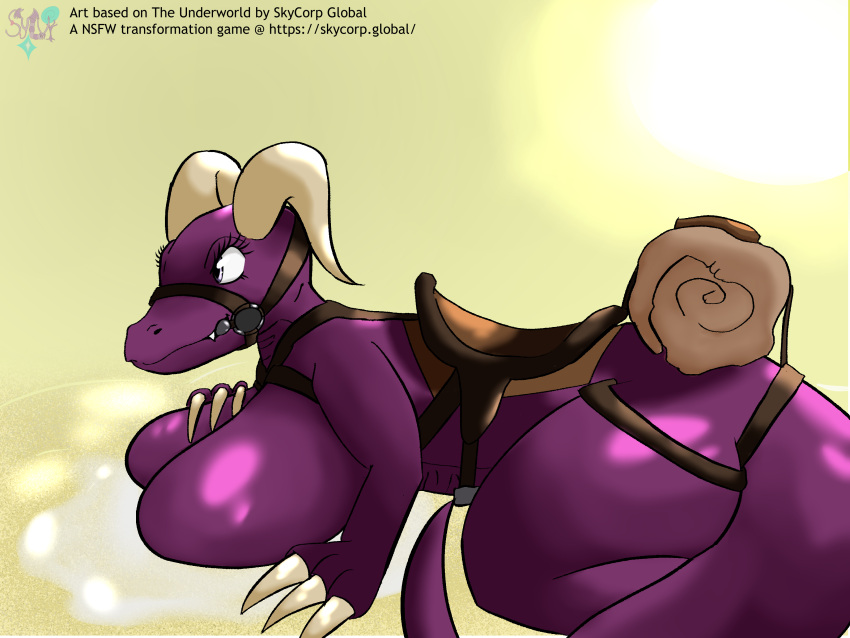 absurd_res after_transformation anthro big_breasts breasts desert dinosaur dromaeosaurid female halter harness hi_res horn mount petplay ponyplay purple_body reptile roleplay saddle scalie sylviastarlight the_underworld theropod thick_thighs velociraptor