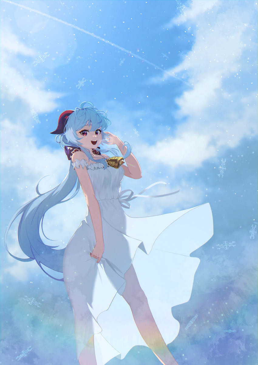 1girl absurdres ahoge alternate_costume bare_legs bell blue_hair blue_sky bow breasts breath cloud cloudy_sky cold commentary contrail cowbell day dress feet_out_of_frame frilled_dress frills ganyu_(genshin_impact) genshin_impact goat_horns hair_bow hand_in_own_hair highres horns legs_apart lens_flare light_blue_hair long_hair looking_at_viewer medium_breasts neck_bell off-shoulder_dress off_shoulder open_mouth outdoors ponytail purple_bow red_eyes see-through_silhouette sky sleeveless sleeveless_dress smile snowflakes solo standing white_dress wind wind_lift yzr_(yzr99)