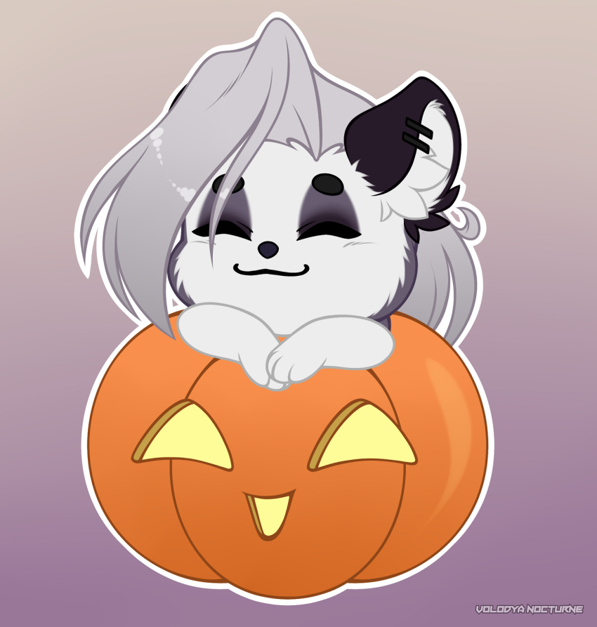 anthro big_ears canid canine canis chibi embarrassed eyes_closed female food fruit hair helluva_boss hi_res jack-o'-lantern long_hair loona_(helluva_boss) magic mammal piercing plant pumpkin smile solo volodyanocturne white_hair wolf