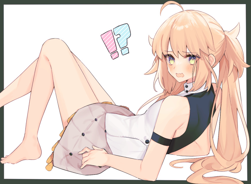 !? 1girl ahoge artoria_caster_(fate) artoria_caster_(first_ascension)_(fate) artoria_pendragon_(fate) barefoot blonde_hair blush breasts dress fate/grand_order fate_(series) green_eyes grey_skirt knees_up long_hair looking_at_viewer looking_back lying on_back open_mouth skirt sleeveless sleeveless_dress small_breasts solo twintails uxco0 white_dress
