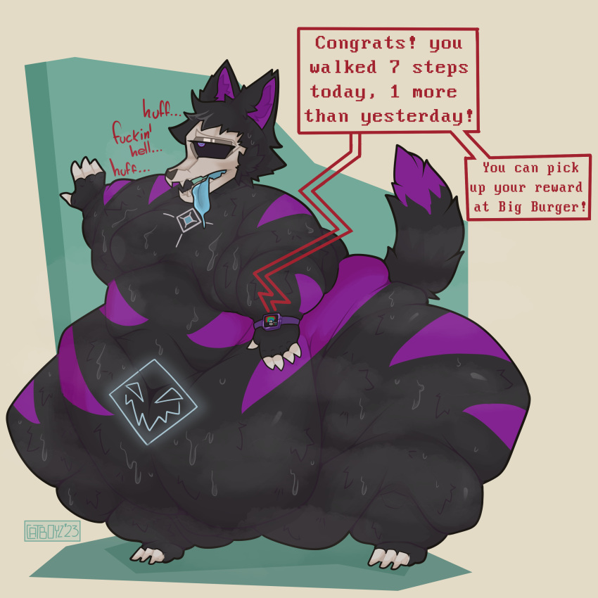 absurd_res anthro belly big_belly black_body black_fur bodily_fluids bone canid catboyz claws digital_media_(artwork) english_text feet fitbit flabby_arms fur fur_markings hi_res male mammal markings morbidly morbidly_obese multicolored_body multicolored_fur musk navel nude obese obese_anthro obese_male open_mouth overweight overweight_anthro overweight_male simple_background skull skull_head solo solo_focus sweat tail teeth text thick_thighs tired tired_expression tired_eyes tired_look toes tongue tongue_out undead