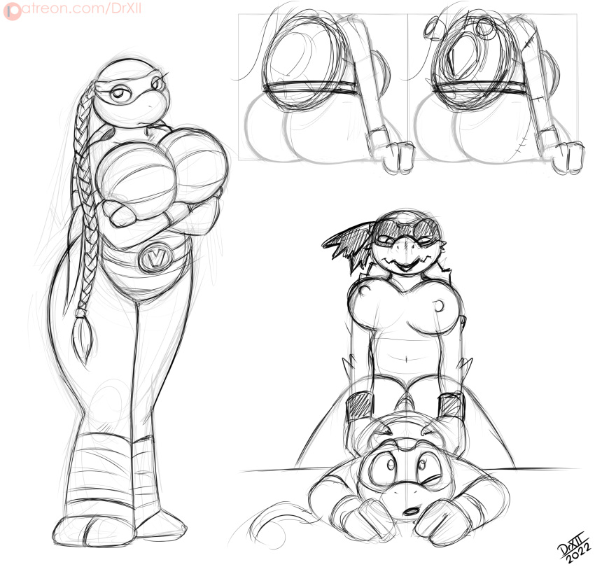 alligator_snapping_turtle anthro bandanna belt big_breasts breasts butt digital_media_(artwork) drxii duo female hi_res kerchief looking_at_viewer mask monochrome nipples non-mammal_breasts nude reptile scalie shell simple_background snapping_turtle solo stitch_(sewing) teenage_mutant_ninja_turtles the_next_mutation turtle venus_de_milo_(tmnt) white_background