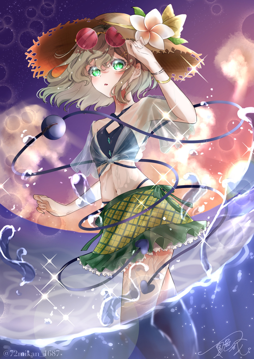 1girl 72mikan_1687 absurdres alternate_costume bare_shoulders bikini blue_bikini blush bracelet breasts buttons commentary_request criss-cross_halter diamond_button dusk eyelashes eyewear_on_head feet_out_of_frame floating_hair flower frilled_skirt frills green_eyes green_skirt grey_hair hair_between_eyes hair_ornament hairclip halterneck hand_up hat hat_flower highres jewelry komeiji_koishi light_frown looking_at_viewer midriff miniskirt navel outdoors parted_lips plaid plaid_skirt red-tinted_eyewear round_eyewear see-through see-through_shirt short_hair short_sleeves signature skirt sky small_breasts solo sparkle standing straw_hat sunglasses swimsuit third_eye tinted_eyewear touhou twitter_username wading water water_drop wavy_hair white_flower