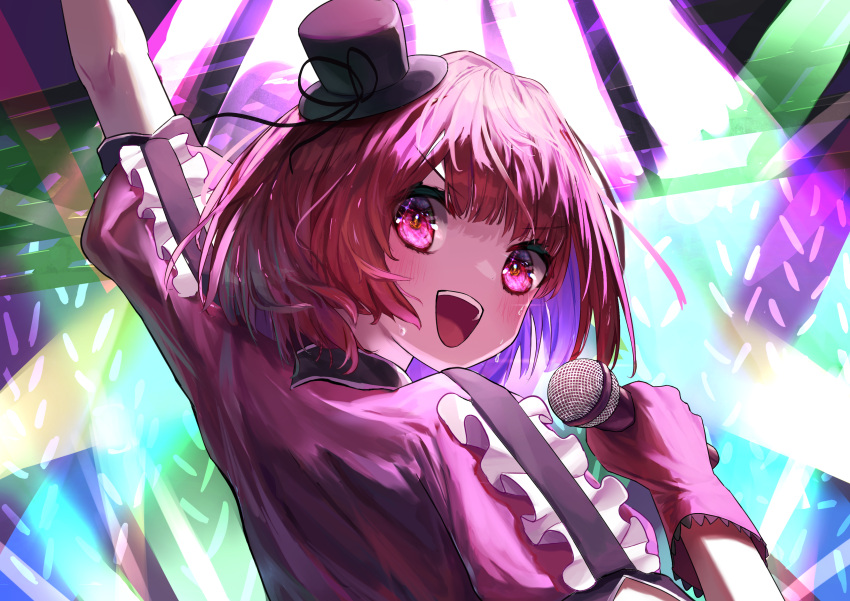 1girl :d absurdres arima_kana arm_up audience blush bob_cut collared_shirt commentary_request frilled_gloves frilled_sleeves frills gloves glowstick hat highres holding holding_microphone idol looking_back medium_hair microphone mini_hat open_mouth oshi_no_ko pink_gloves puffy_short_sleeves puffy_sleeves red_eyes red_hair red_shirt shadow shirt short_sleeves smile solar_torch solo_focus stage_lights sweat teeth upper_body upper_teeth_only