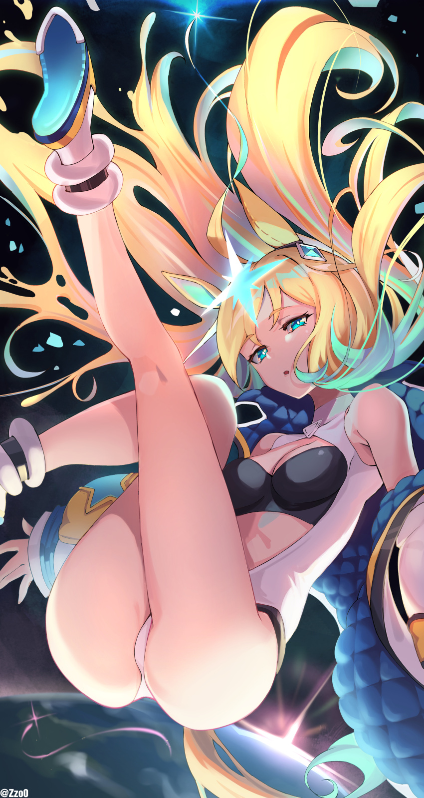 1girl absurdres animal_ears aqua_eyes aqua_hair black_sports_bra blonde_hair bright_pupils cleavage_cutout clothing_cutout colored_inner_hair commentary diffraction_spikes ear_ornament earth_(planet) feet_out_of_frame highres horse_ears horse_girl horse_tail jacket legs_up leotard long_hair multicolored_clothes multicolored_hair multicolored_jacket neo_universe_(umamusume) off_shoulder padded_jacket planet solo space sports_bra sunlight tail twitter_username two-tone_hair two-tone_tail umamusume white_jacket white_leotard zzo0