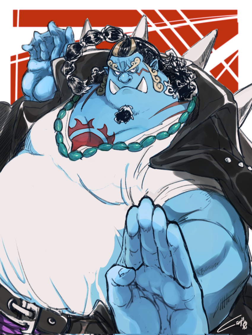 1boy alternate_costume belt big_belly black_belt black_hair blue_skin coat coat_on_shoulders colored_skin cowboy_shot curly_eyebrows facial_hair fighting_stance fins fish_boy frown goatee highres ippaiotabe_mkw jinbe_(one_piece) karate large_pectorals looking_at_viewer male_focus mature_male muscular muscular_male one_piece outstretched_arm pectoral_cleavage pectorals pointy_ears ponytail serious shirt solo spikes t-shirt tusks webbed_hands