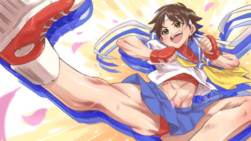 1girl afterimage artist_name blue_sailor_collar blue_skirt brown_hair buruma buruma_under_skirt clenched_hands commentary cropped_shirt fingerless_gloves flying_kick gloves headband kasugano_sakura kicking looking_to_the_side miniskirt muscular muscular_female navel neckerchief open_mouth pleated_skirt pomita red_buruma red_footwear red_gloves sailor_collar school_uniform serafuku shirt shoes short_hair signature skirt smile sneakers solo street_fighter street_fighter_zero_(series) upskirt very_short_hair white_headband white_shirt yellow_neckerchief