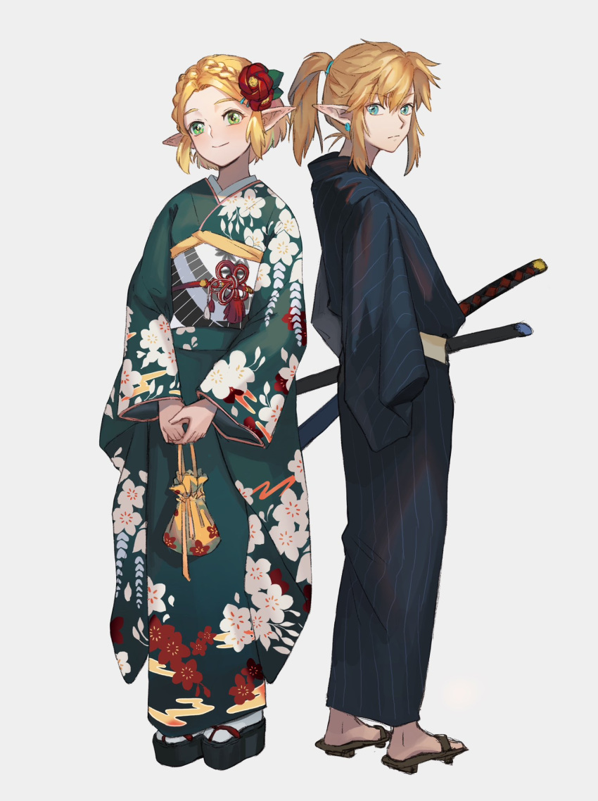 1boy 1girl alternate_costume black_kimono blonde_hair blue_eyes braid closed_mouth crown_braid earrings floral_print flower full_body geta green_eyes green_kimono hair_flower hair_ornament highres holding japanese_clothes jewelry katana kimono kinchaku lemonsam link looking_at_viewer medium_hair multiple_swords obi pointy_ears ponytail pouch princess_zelda print_kimono red_flower sash sheath sheathed short_hair smile sword tabi the_legend_of_zelda the_legend_of_zelda:_tears_of_the_kingdom weapon wide_sleeves