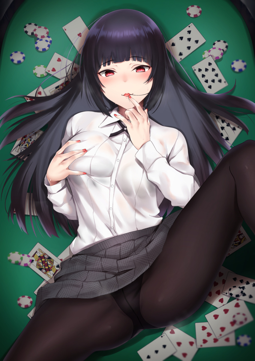 1girl black_hair black_panties black_pantyhose blunt_bangs breasts card casino_card_table commentary_request commission grey_skirt henria highres hyakkaou_academy_school_uniform jabami_yumeko kakegurui long_hair long_sleeves looking_at_viewer lying on_back panties pantyhose playing_card pleated_skirt red_eyes red_nails school_uniform skeb_commission skirt solo sweat table underwear