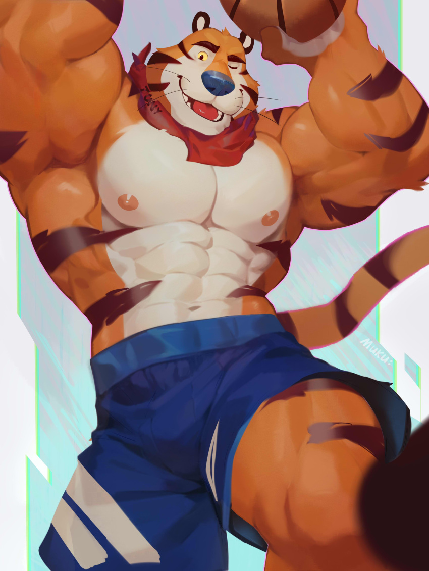 absurd_res action_pose anthro ball barazoku basketball_(ball) basketball_uniform big_muscles blue_nose bottomwear clothing felid frosted_flakes fur hi_res kellogg's looking_at_viewer male mammal mascot mukum_1am muscular muscular_male nipples one_eye_closed orange_body orange_fur pantherine pecs pose shirtless shorts solo sportswear striped_body striped_fur stripes tiger tony_the_tiger uniform wardrobe_malfunction whiskers wink winking_at_viewer