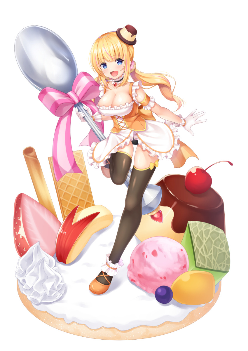1girl 7fuji_06 ankle_cuffs apple_rabbit armband back_bow blonde_hair blue_eyes blush bow breasts cherry choker cleavage doughnut_hair_ornament dress food food-themed_hair_ornament food_art frilled_armband frilled_choker frilled_dress frilled_gloves frills fruit full_body gloves hair_ornament highres holding holding_spoon ice_cream large_breasts long_hair looking_at_viewer low_twintails melon melon_slice on_food open_mouth original oversized_object panties pudding pudding_hair_ornament ribbon smile solo spoon standing standing_on_one_leg strawberry thighhighs twintails underbust underwear wafer wafer_stick whipped_cream