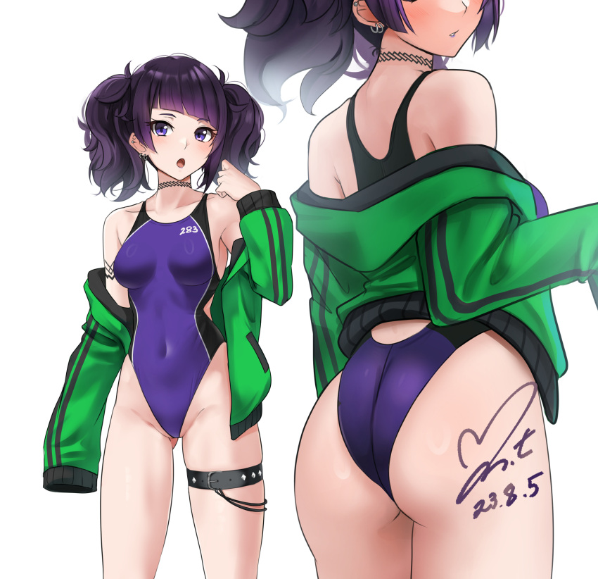 1girl ass black_hair blunt_bangs breasts commentary_request commission competition_swimsuit covered_navel cowboy_shot dated diagonal_bangs from_behind green_jacket grey_hair head_out_of_frame highleg highleg_swimsuit highres idolmaster idolmaster_shiny_colors impossible_clothes impossible_swimsuit jacket long_hair looking_at_viewer medium_breasts multiple_views one-piece_swimsuit pixiv_commission purple_eyes purple_hair purple_one-piece_swimsuit short_twintails signature simple_background sleeves_past_fingers sleeves_past_wrists swimsuit tanaka_mamimi thigh_strap twintails white_background yoo_tenchi